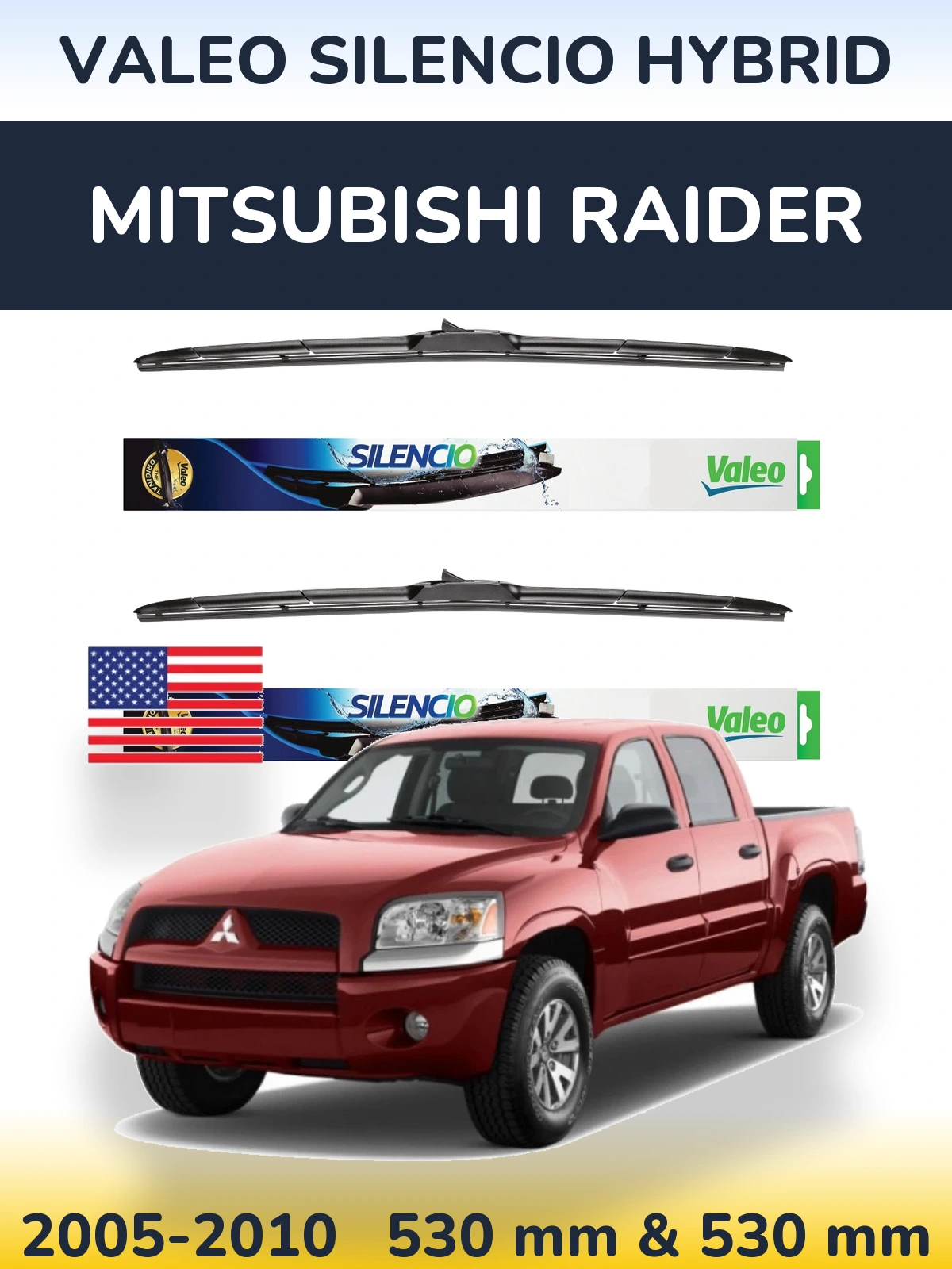 Front wiper blade set Valeo Silencio Hybrid 530 & 530 mm for Mitsubishi Raider 2005-2010