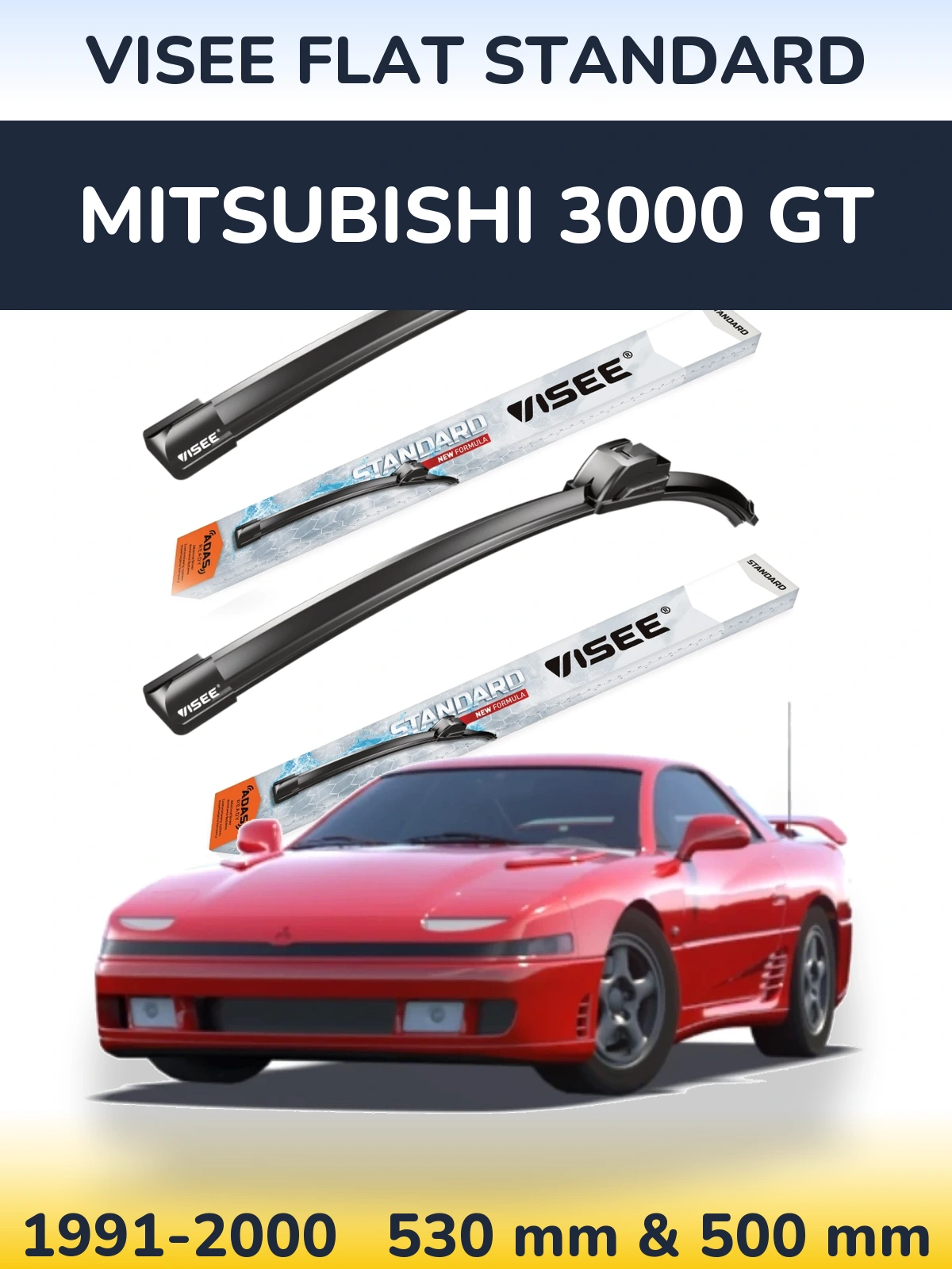 Front wiper blade set VISEE FLAT STANDARD 530 & 500 mm for Mitsubishi 3000 GT 1991-2000