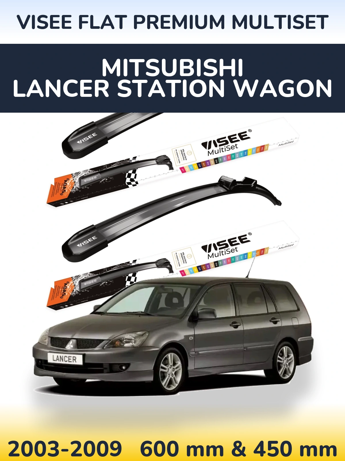 Front wiper blade set VISEE FLAT PREMIUM MultiSet 600 & 450 mm for Mitsubishi Lancer Station Wagon 2003-2009