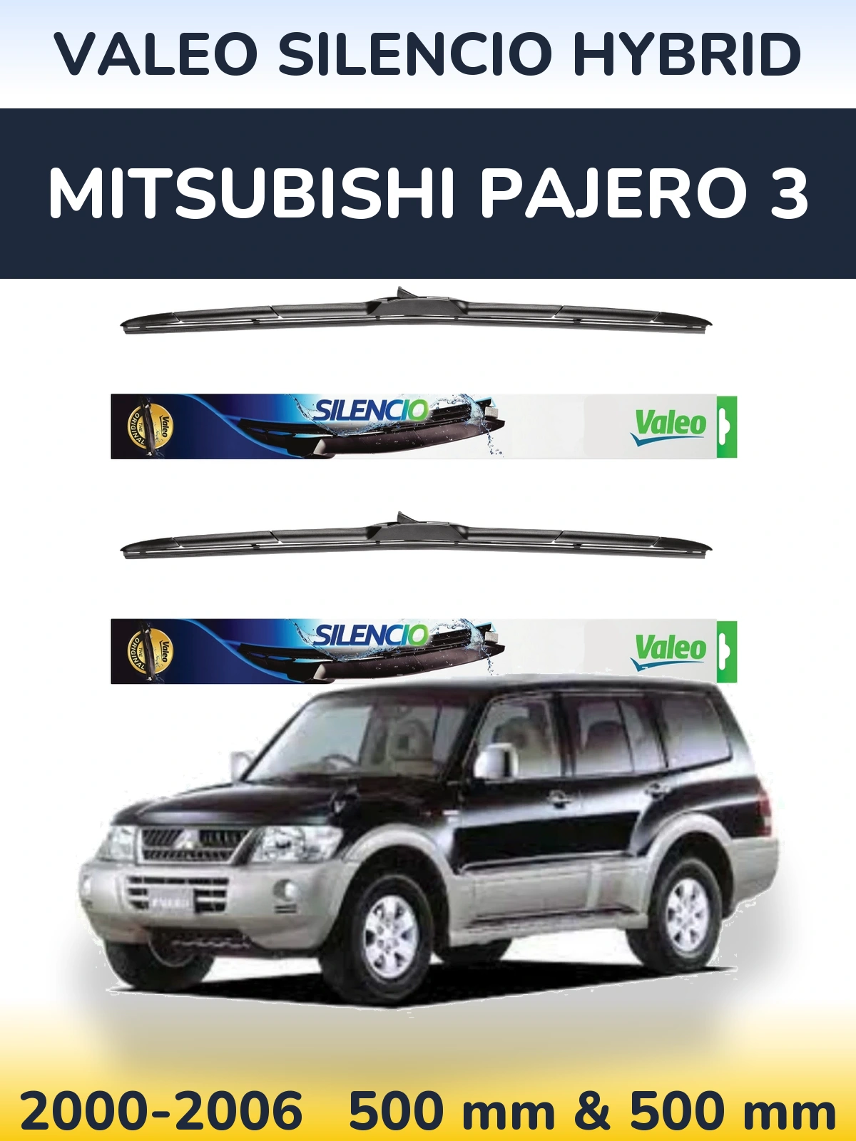 Front wiper blade set Valeo Silencio Hybrid 500 & 500 mm for Mitsubishi Pajero 3 2000-2006