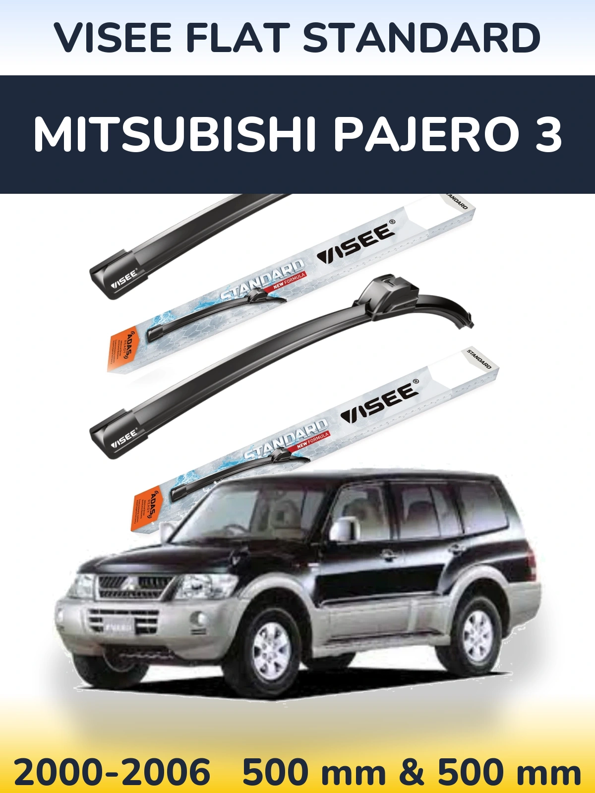 Front wiper blade set VISEE FLAT STANDARD 500 & 500 mm for Mitsubishi Pajero 3 2000-2006