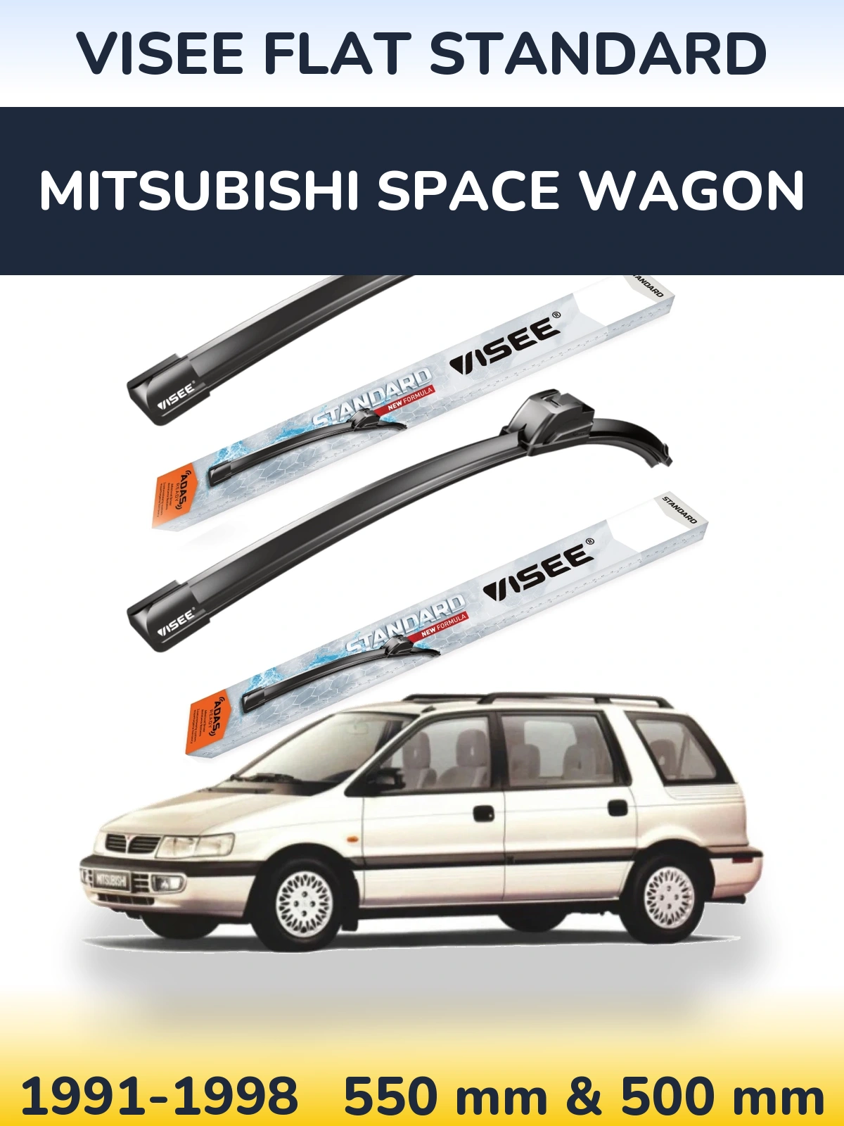 Front wiper blade set VISEE FLAT STANDARD 550 & 500 mm for Mitsubishi Space Wagon 1991-1998