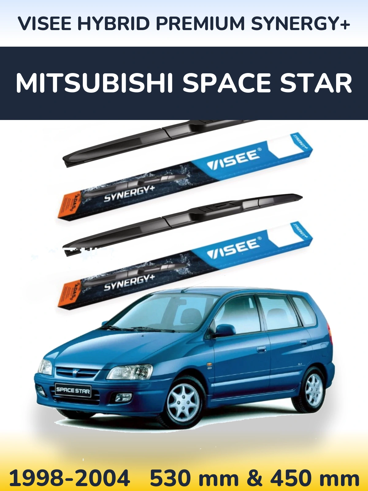 Front wiper blade set VISEE HYBRID PREMIUM SYNERGY+ 530 & 450 mm for Mitsubishi Space Star 1998-2004