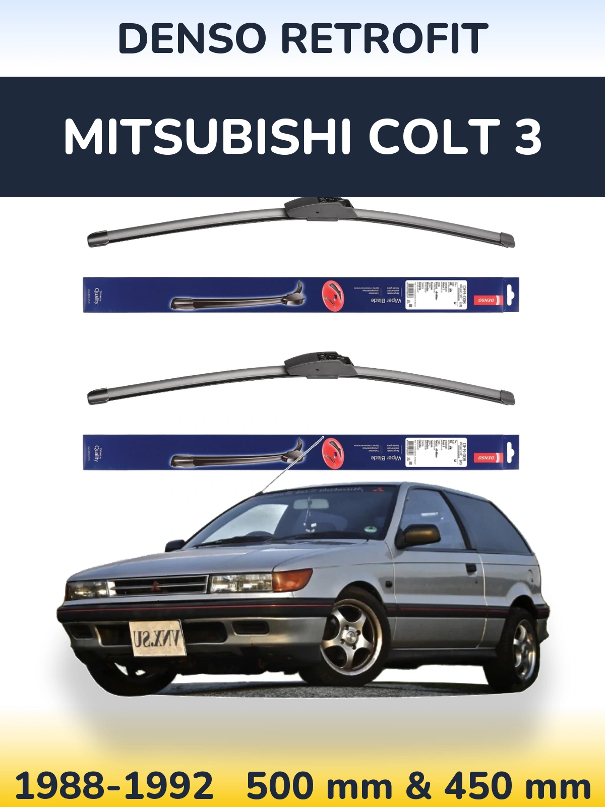 Front wiper blade set Denso Retrofit 500 & 450 mm for Mitsubishi Colt 3 1988-1992