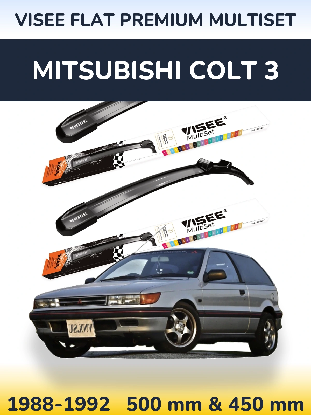 Front wiper blade set VISEE FLAT PREMIUM MultiSet 500 & 450 mm for Mitsubishi Colt 3 1988-1992
