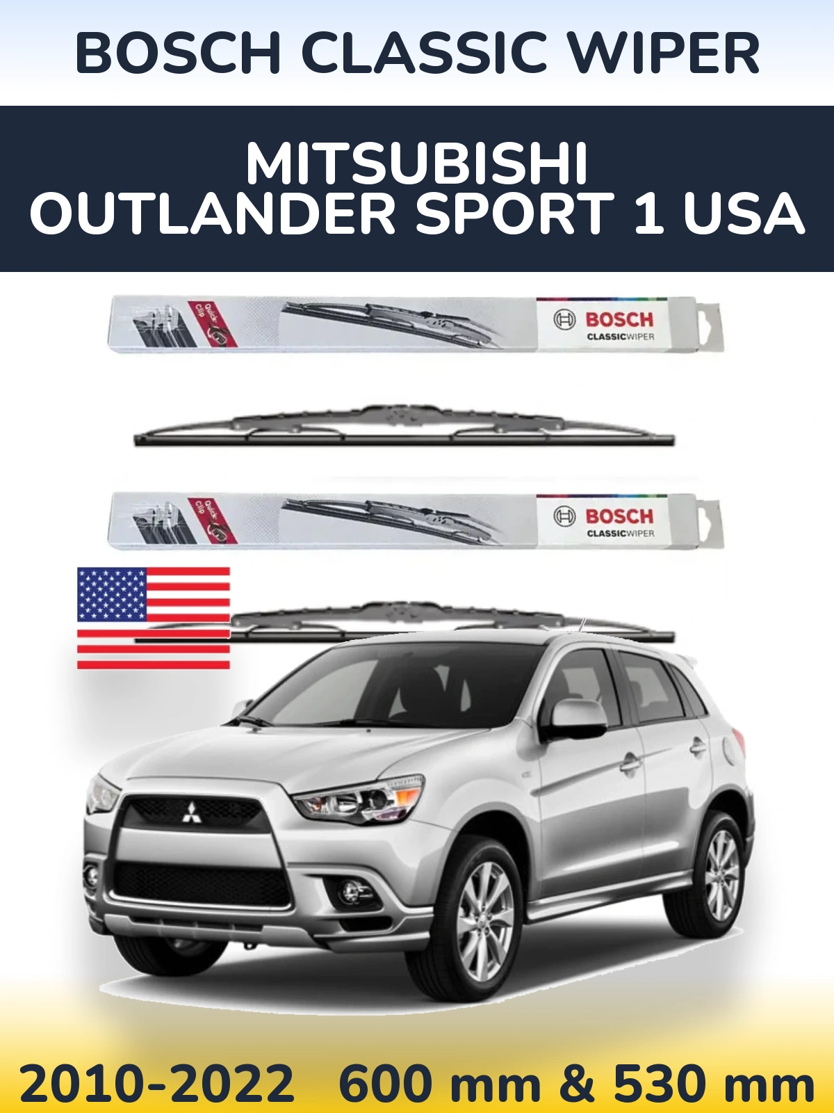 Front wiper blade set BOSCH Classic Wiper 600 & 530 mm for Mitsubishi Outlander Sport 1 USA 2010-2022
