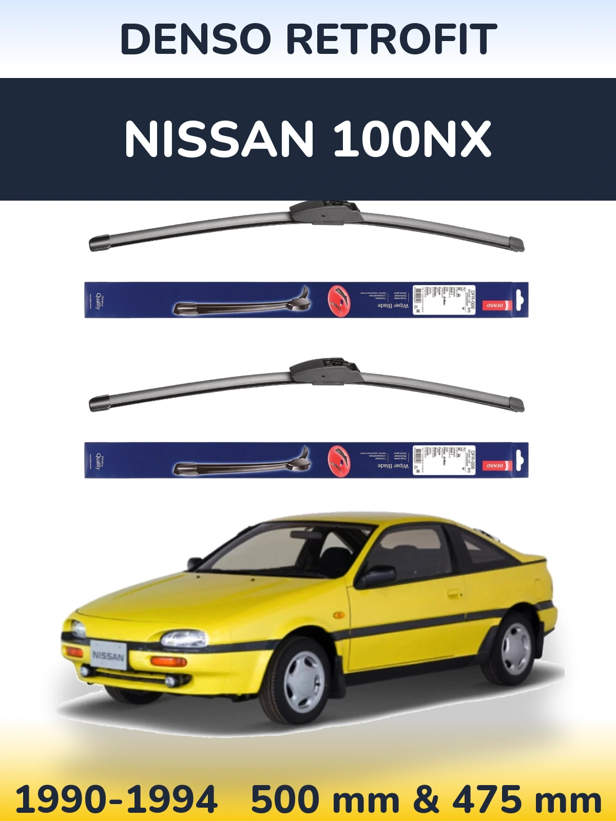 Front wiper blade set Denso Retrofit 500 & 475 mm for Nissan 100NX 1990-1994