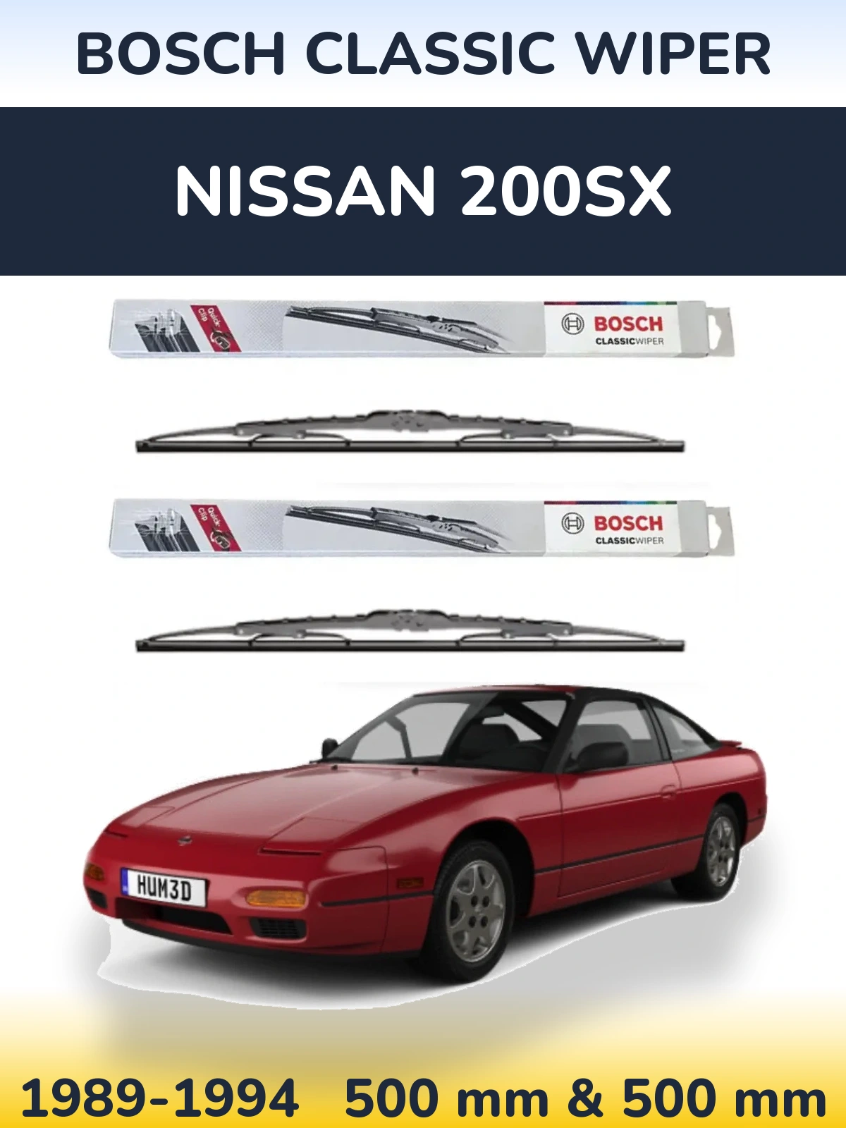 Front wiper blade set BOSCH Classic Wiper 500 & 500 mm for Nissan 200SX 1989-1994