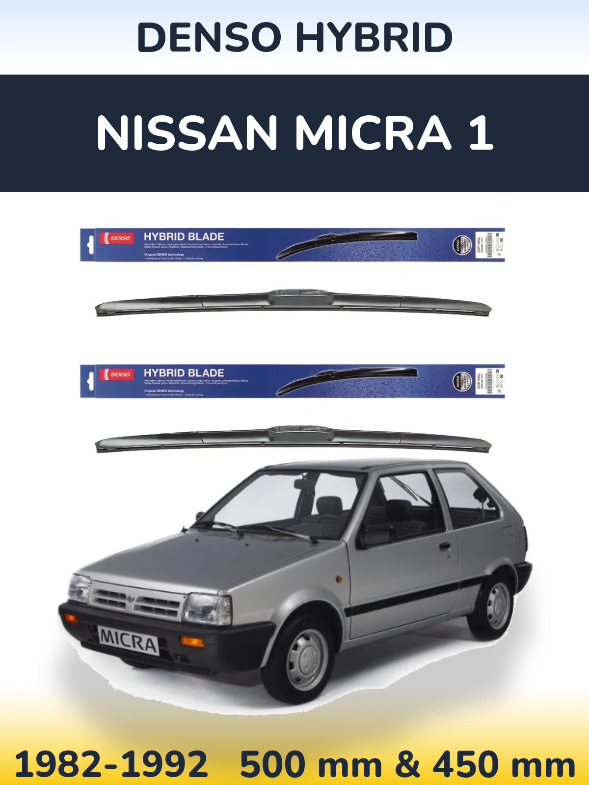 Front wiper blade set Denso Hybrid 500 & 450 mm for Nissan Micra 1 1982-1992