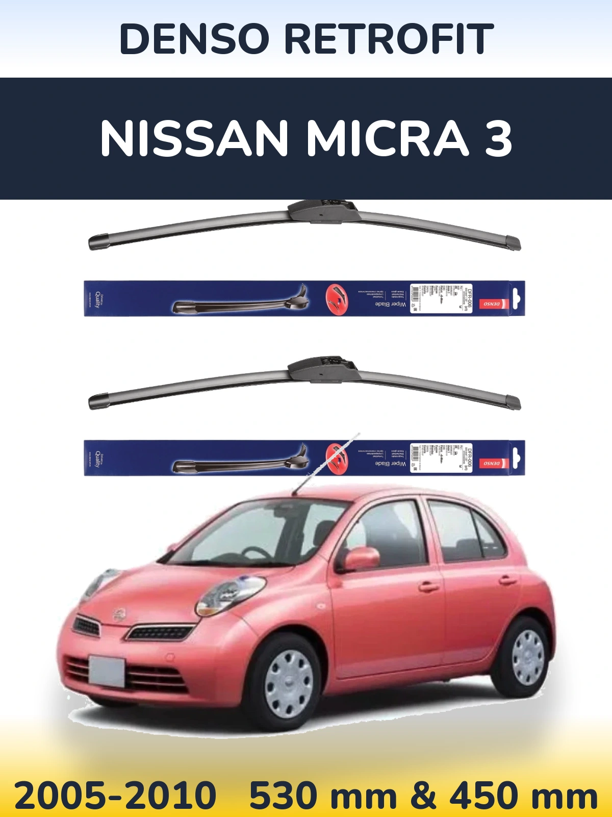 Front wiper blade set Denso Retrofit 530 & 450 mm for Nissan Micra 3 2005-2010