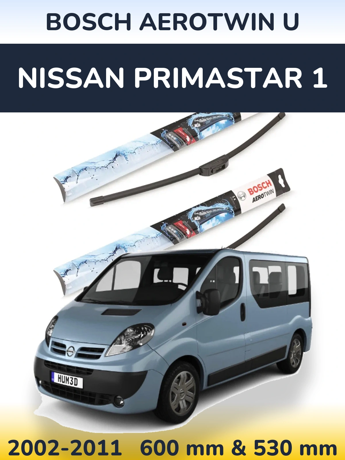 Front wiper blade set BOSCH AeroTwin U 600 & 530 mm for Nissan Primastar 1 2002-2011
