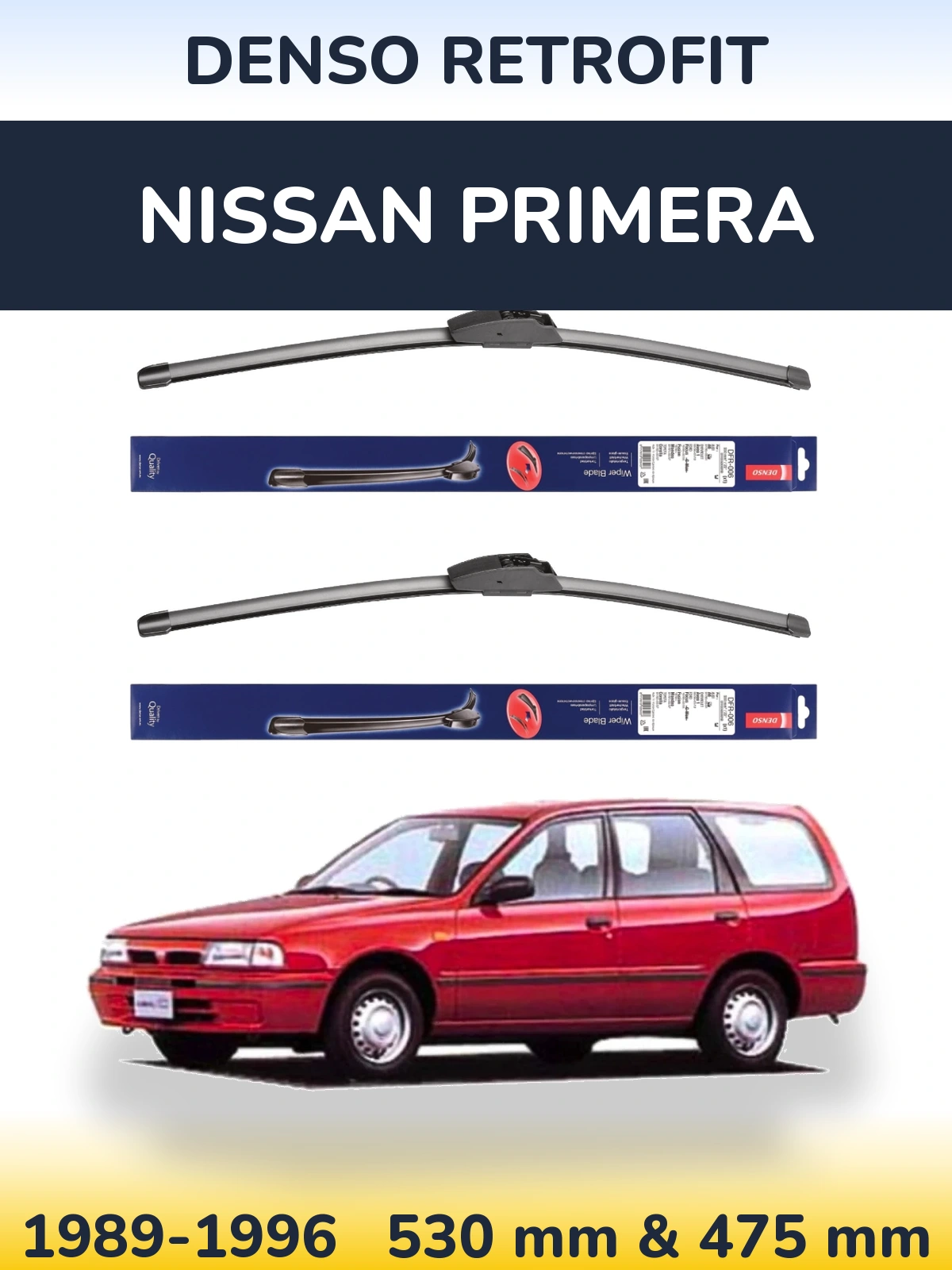 Front wiper blade set Denso Retrofit 530 & 475 mm for Nissan Primera 1989-1996