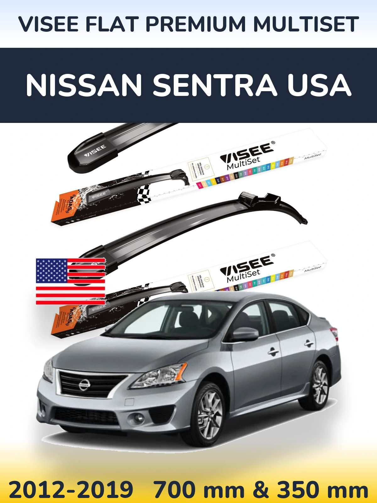 Front wiper blade set VISEE FLAT PREMIUM MultiSet 700 & 350 mm for Nissan Sentra USA 2012-2019