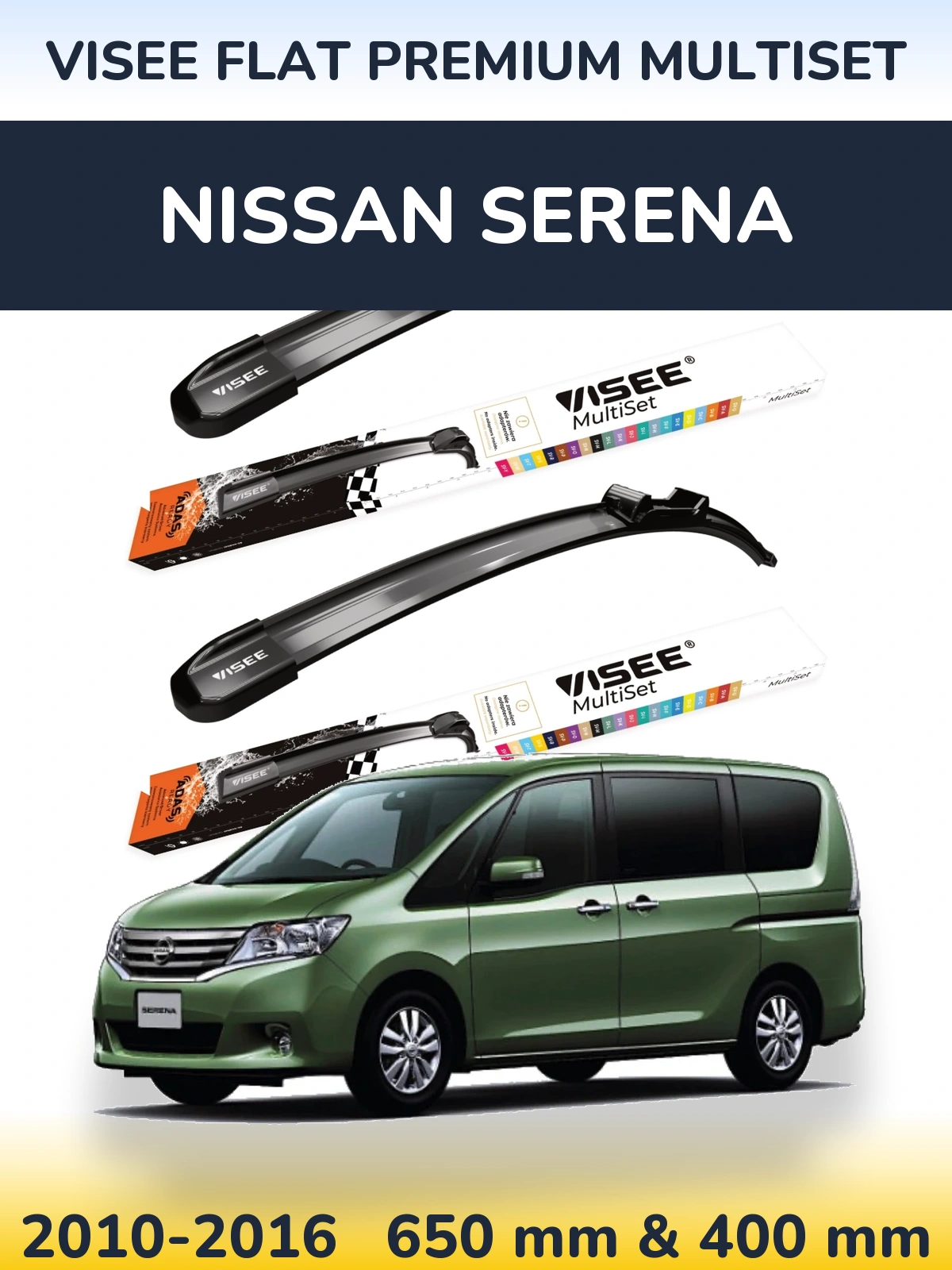 Front wiper blade set VISEE FLAT PREMIUM MultiSet 650 & 400 mm for Nissan Serena 2010-2016