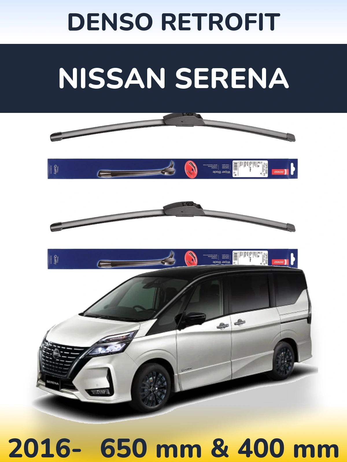 Комплект передніх щіток Denso Retrofit 650 & 400 мм для Nissan Serena 2016-2026