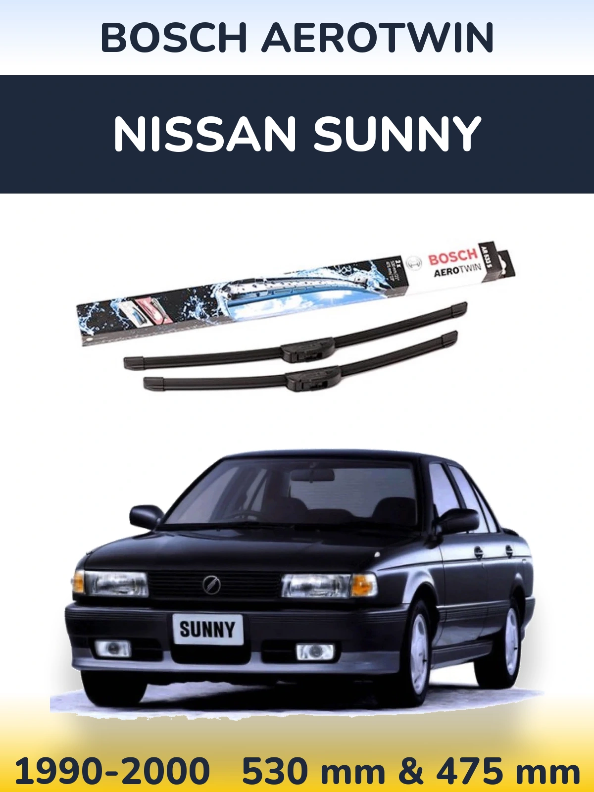 Front wiper blade set BOSCH AeroTwin 530 & 475 mm for Nissan Sunny 1990-2000