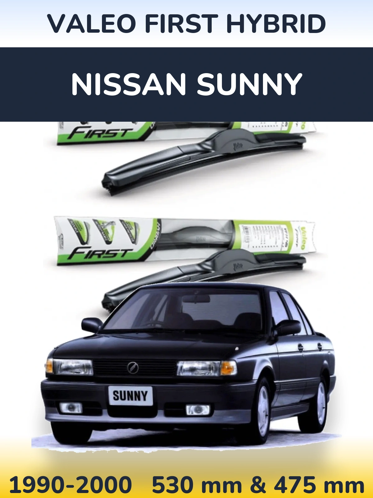 Front wiper blade set Valeo First Hybrid 530 & 475 mm for Nissan Sunny 1990-2000