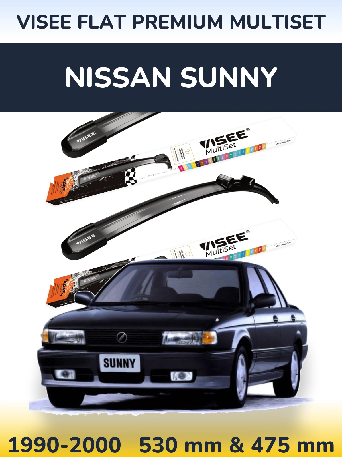 Front wiper blade set VISEE FLAT PREMIUM MultiSet 530 & 475 mm for Nissan Sunny 1990-2000