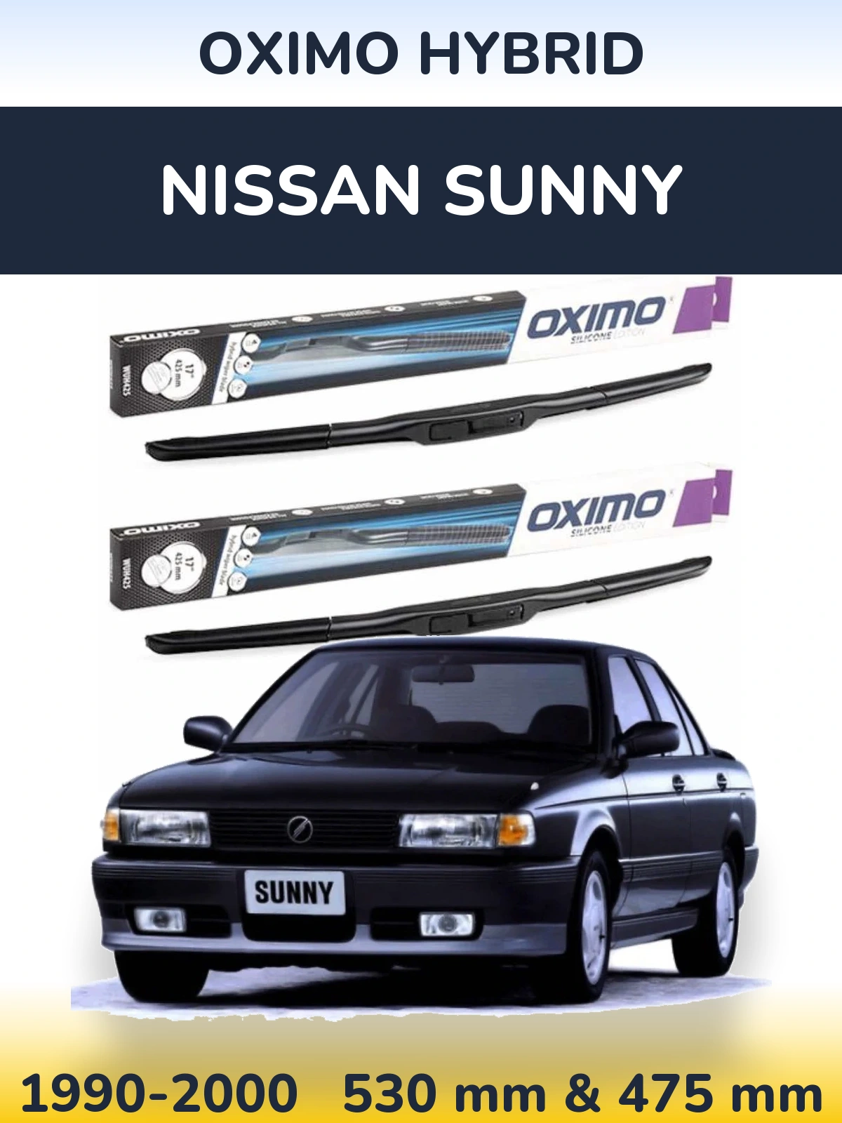 Front wiper blade set Oximo Hybrid 530 & 475 mm for Nissan Sunny 1990-2000