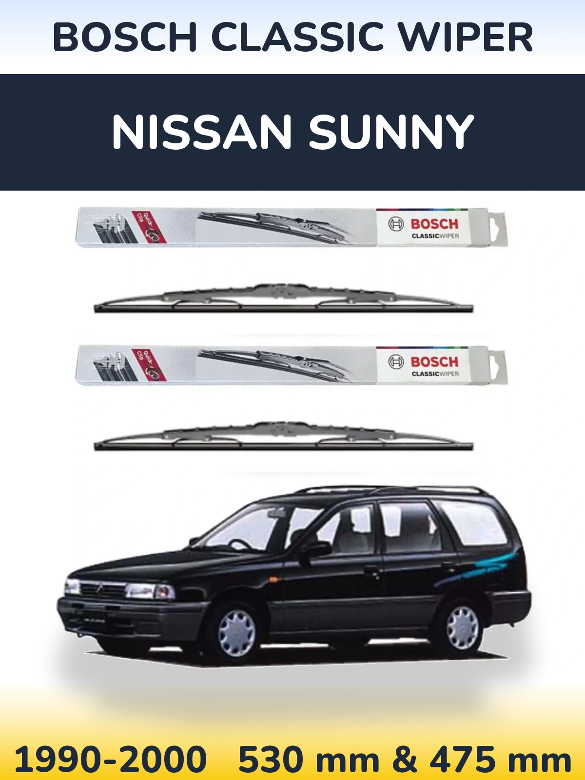 Front wiper blade set BOSCH Classic Wiper 530 & 475 mm for Nissan Sunny 1990-2000