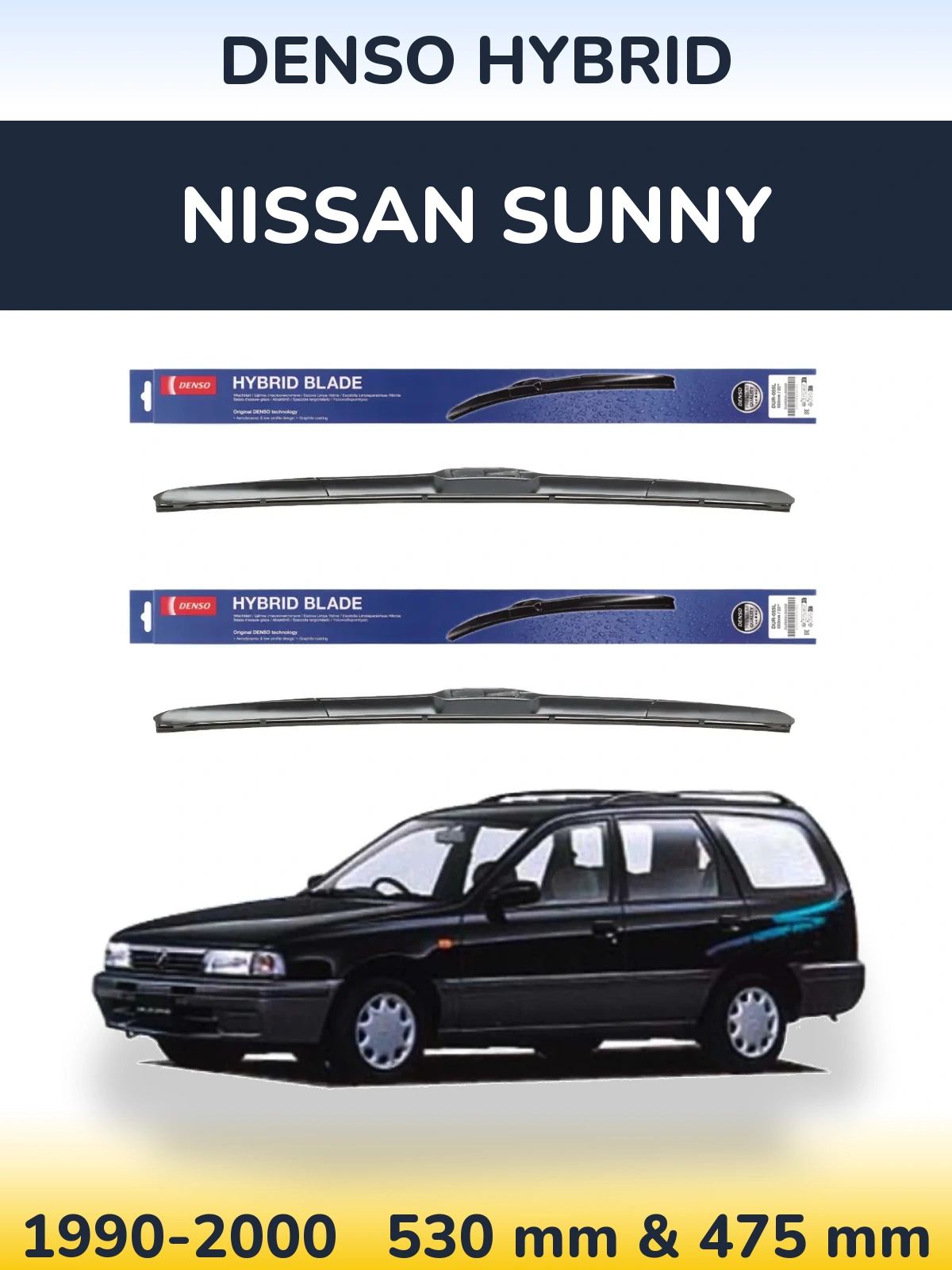Front wiper blade set Denso Hybrid 530 & 475 mm for Nissan Sunny 1990-2000
