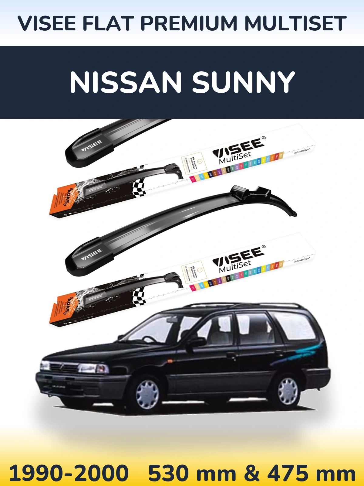 Front wiper blade set VISEE FLAT PREMIUM MultiSet 530 & 475 mm for Nissan Sunny 1990-2000