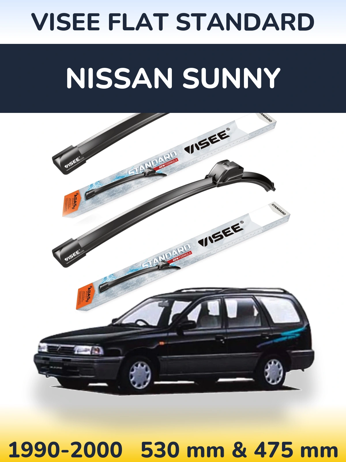 Front wiper blade set VISEE FLAT STANDARD 530 & 475 mm for Nissan Sunny 1990-2000