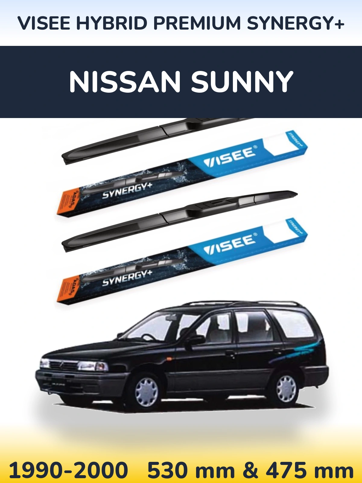 Front wiper blade set VISEE HYBRID PREMIUM SYNERGY+ 530 & 475 mm for Nissan Sunny 1990-2000