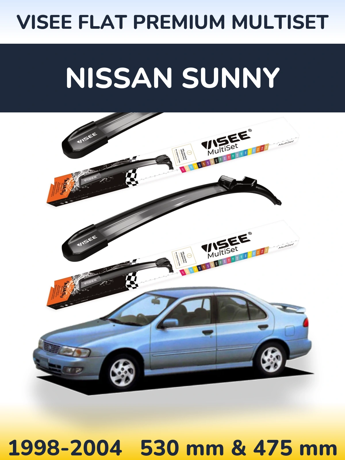 Front wiper blade set VISEE FLAT PREMIUM MultiSet 530 & 475 mm for Nissan Sunny 1998-2004