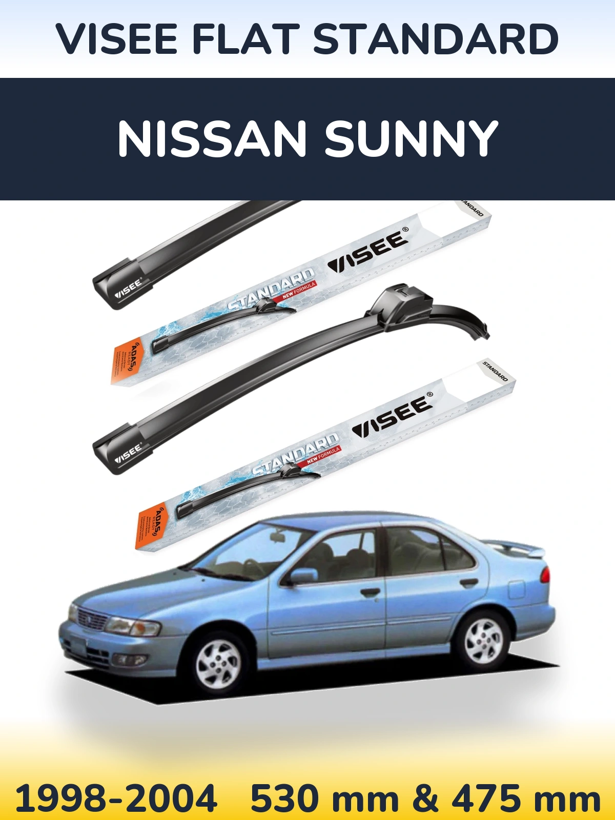 Front wiper blade set VISEE FLAT STANDARD 530 & 475 mm for Nissan Sunny 1998-2004