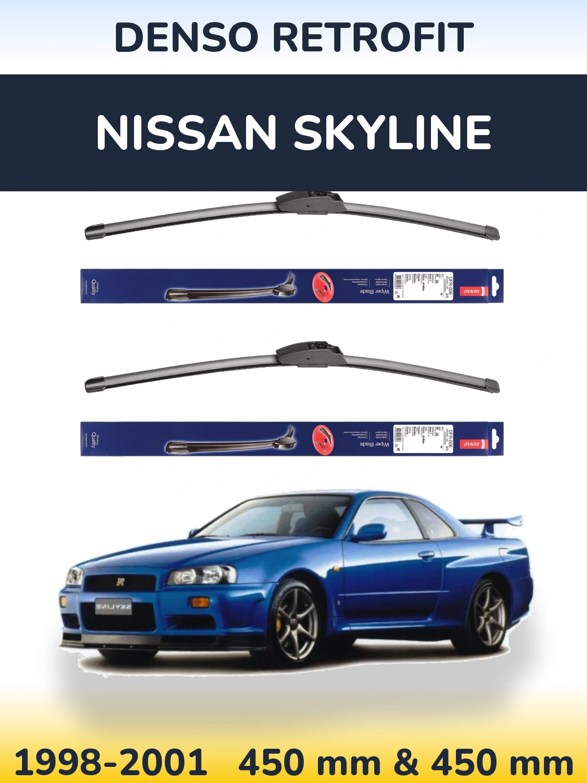 Front wiper blade set Denso Retrofit 450 & 450 mm for Nissan Skyline 1998-2001