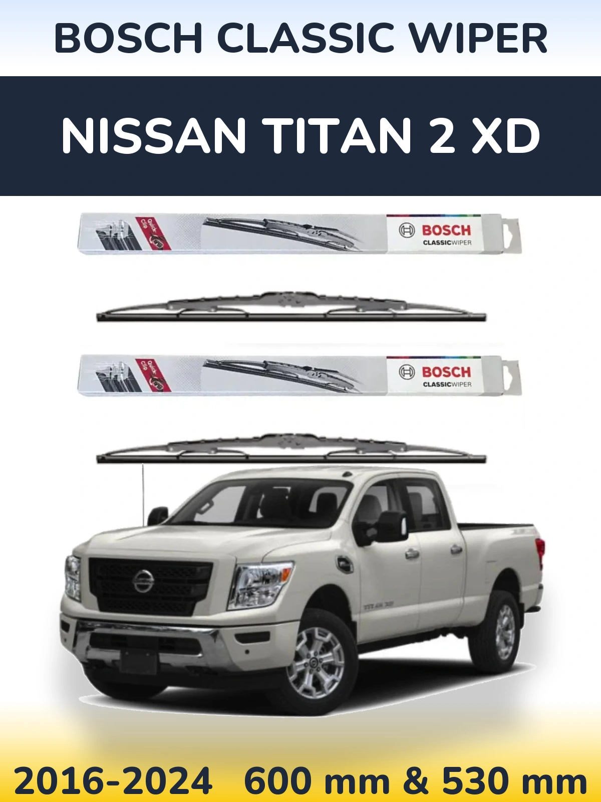 Комплект передних дворников BOSCH Classic Wiper 600 & 530 мм для Nissan Titan 2 XD 2016-2024