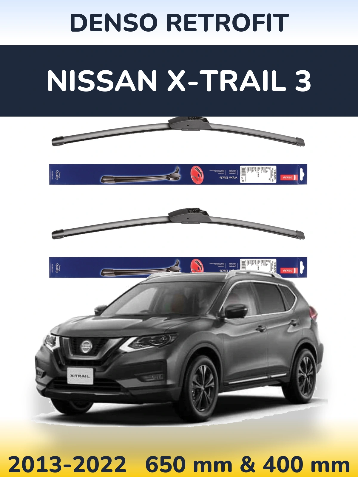 Front wiper blade set Denso Retrofit 650 & 400 mm for Nissan X-Trail 3 2013-2022