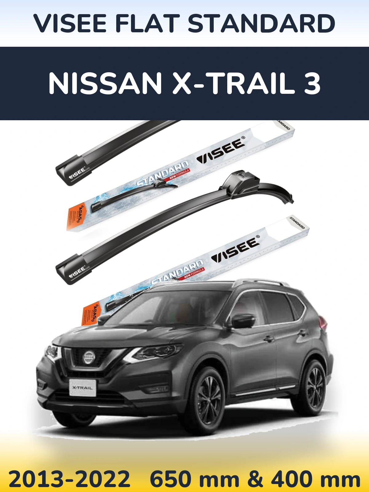 Front wiper blade set VISEE FLAT STANDARD 650 & 400 mm for Nissan X-Trail 3 2013-2022