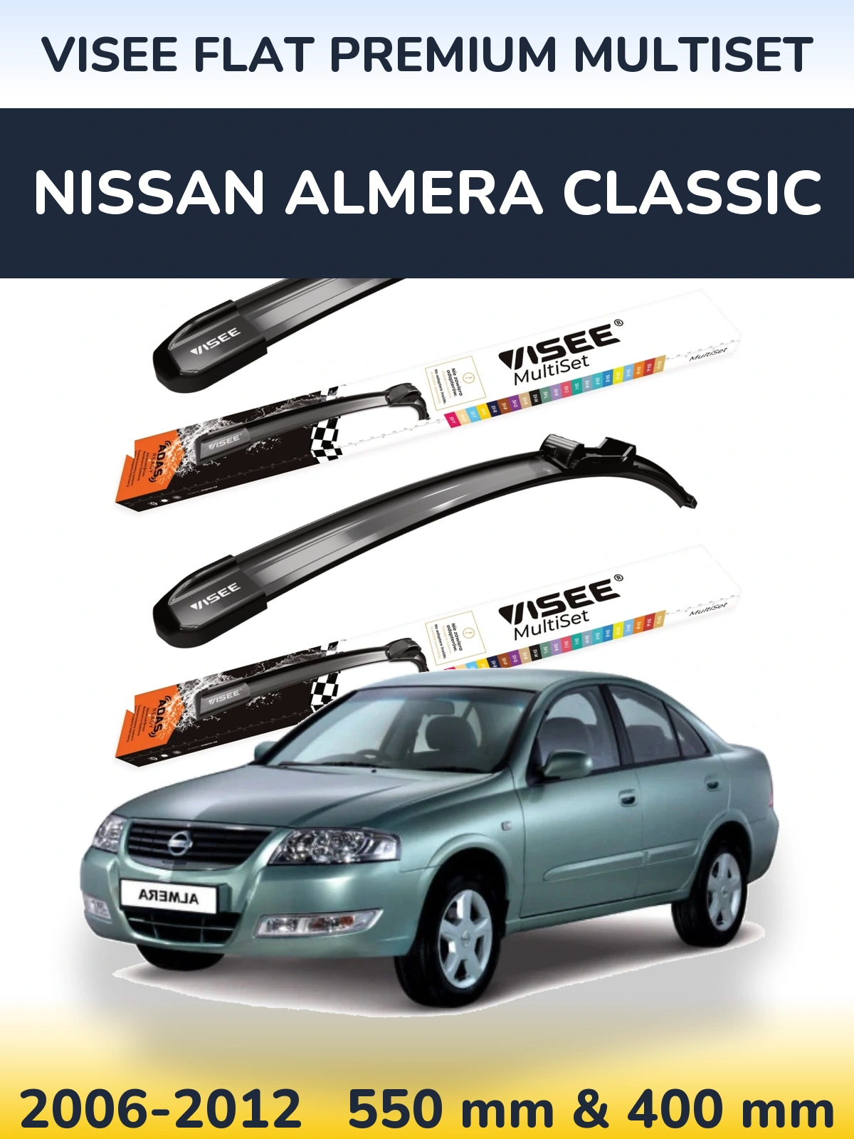 Front wiper blade set VISEE FLAT PREMIUM MultiSet 550 & 400 mm for Nissan Almera Classic 2006-2012