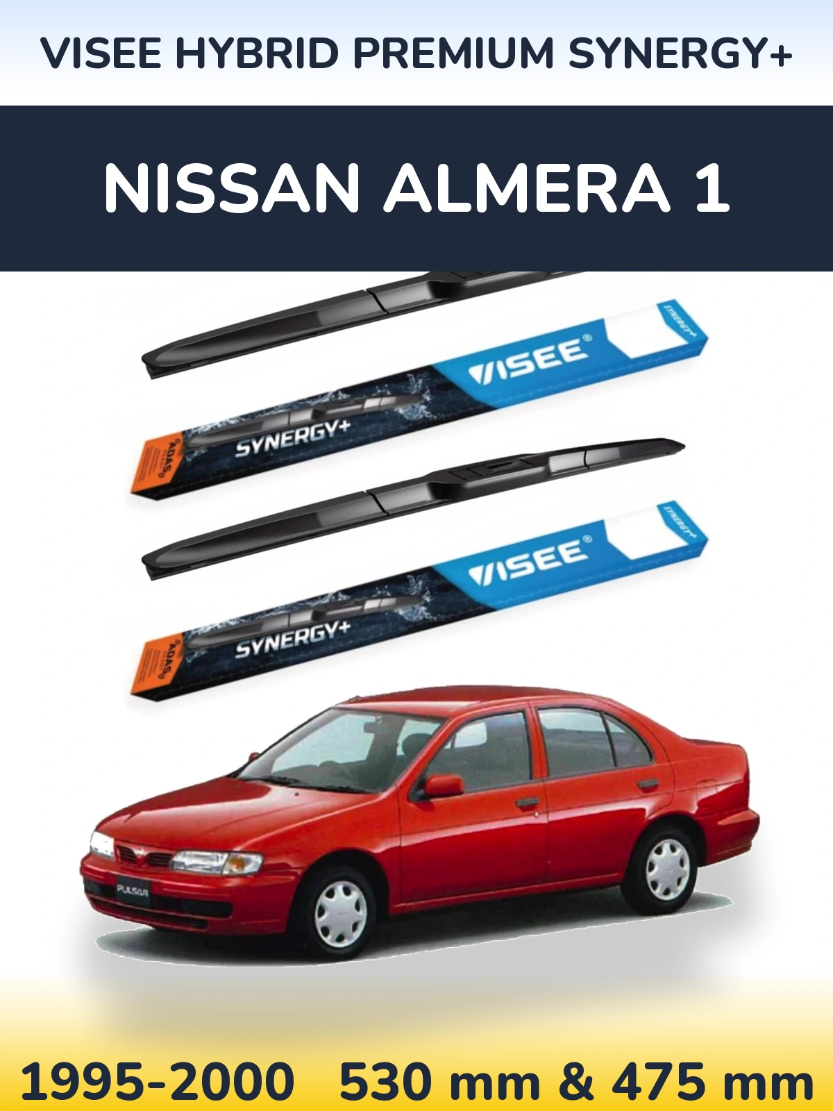 Front wiper blade set VISEE HYBRID PREMIUM SYNERGY+ 530 & 475 mm for Nissan Almera 1 1995-2000