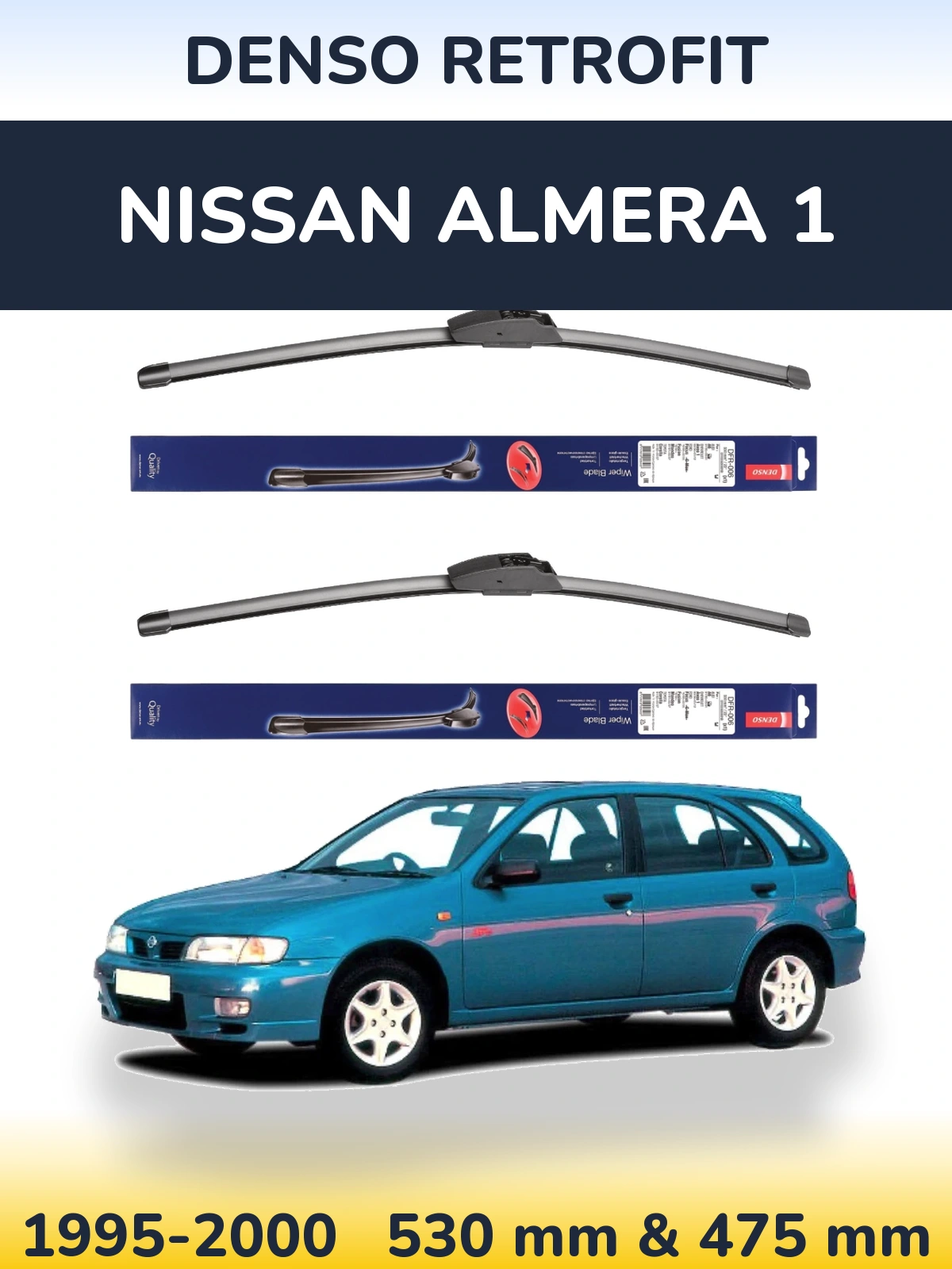 Front wiper blade set Denso Retrofit 530 & 475 mm for Nissan Almera 1 1995-2000