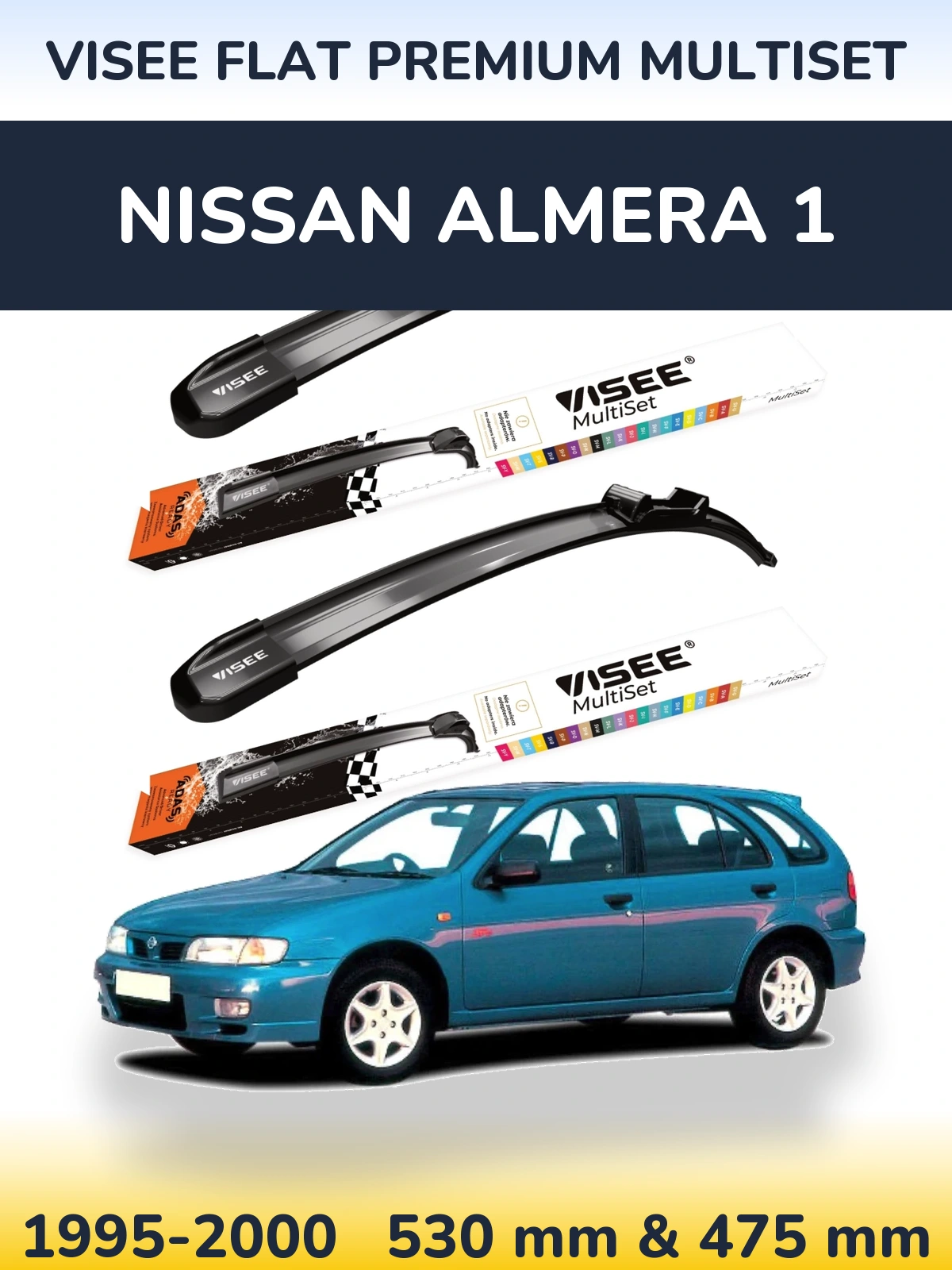 Front wiper blade set VISEE FLAT PREMIUM MultiSet 530 & 475 mm for Nissan Almera 1 1995-2000