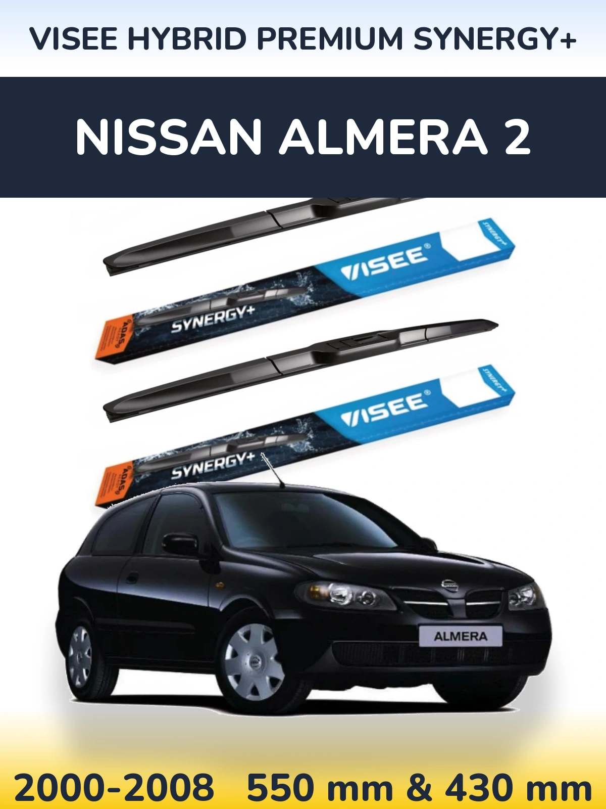 Front wiper blade set VISEE HYBRID PREMIUM SYNERGY+ 550 & 430 mm for Nissan Almera 2 2000-2008