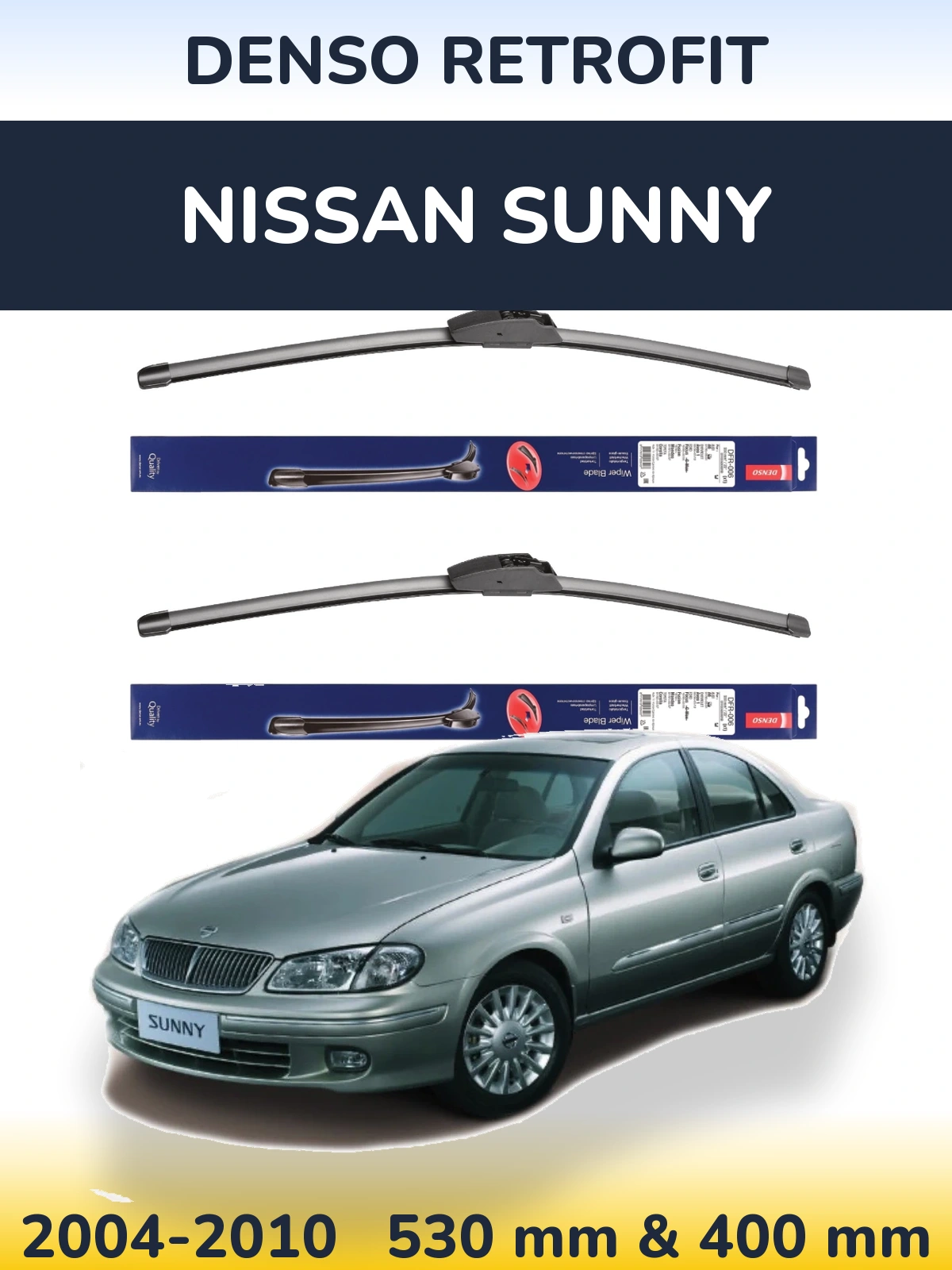 Front wiper blade set Denso Retrofit 530 & 400 mm for Nissan Sunny 2004-2010
