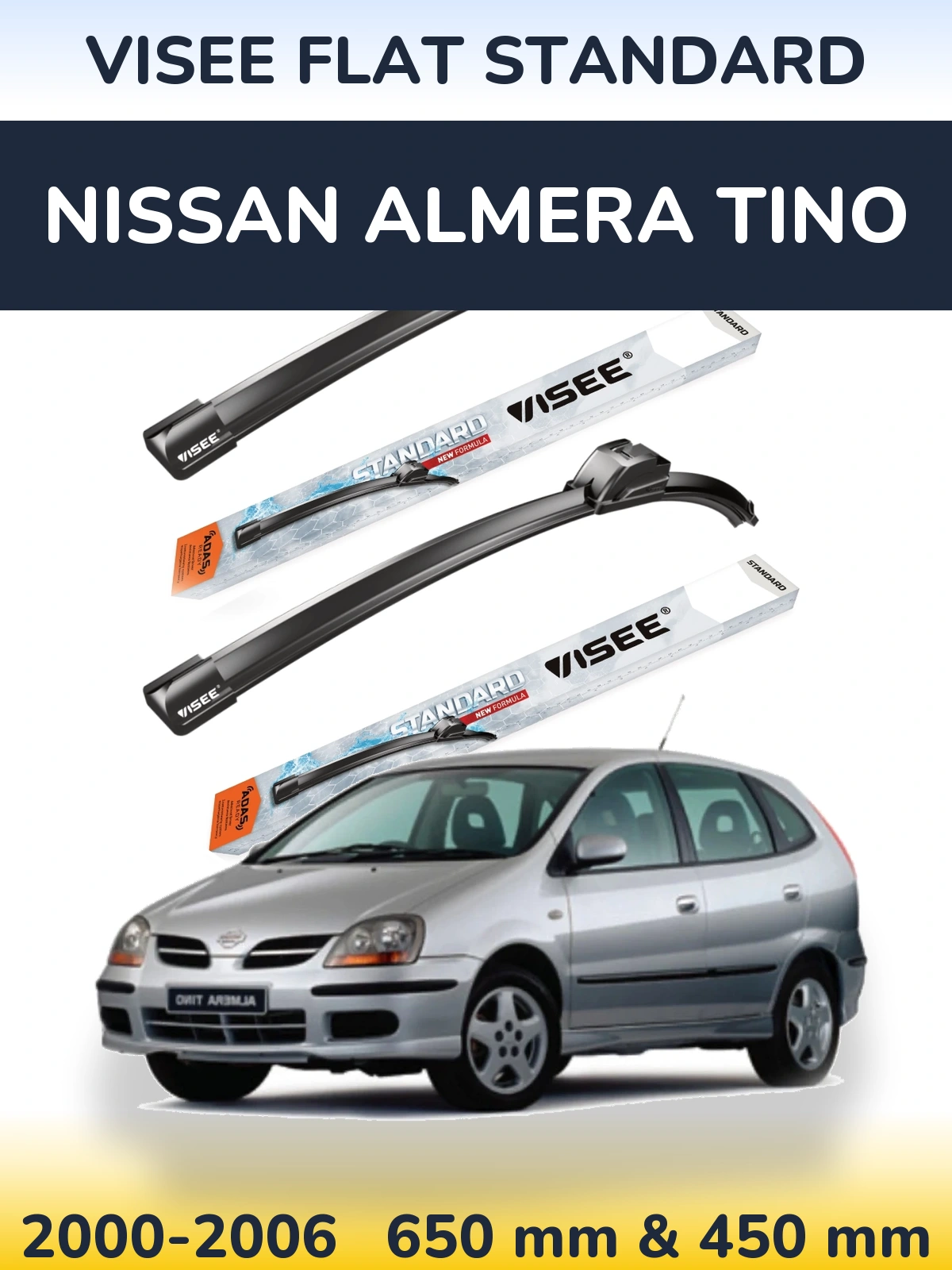 Front wiper blade set VISEE FLAT STANDARD 650 & 450 mm for Nissan Almera Tino 2000-2006