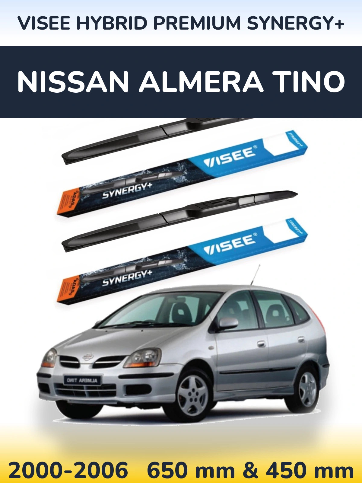 Front wiper blade set VISEE HYBRID PREMIUM SYNERGY+ 650 & 450 mm for Nissan Almera Tino 2000-2006