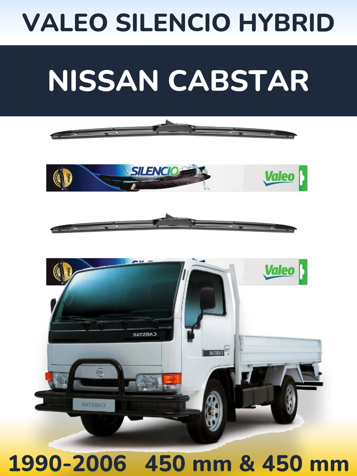 Front wiper blade set Valeo Silencio Hybrid 450 & 450 mm for Nissan Cabstar 1990-2006
