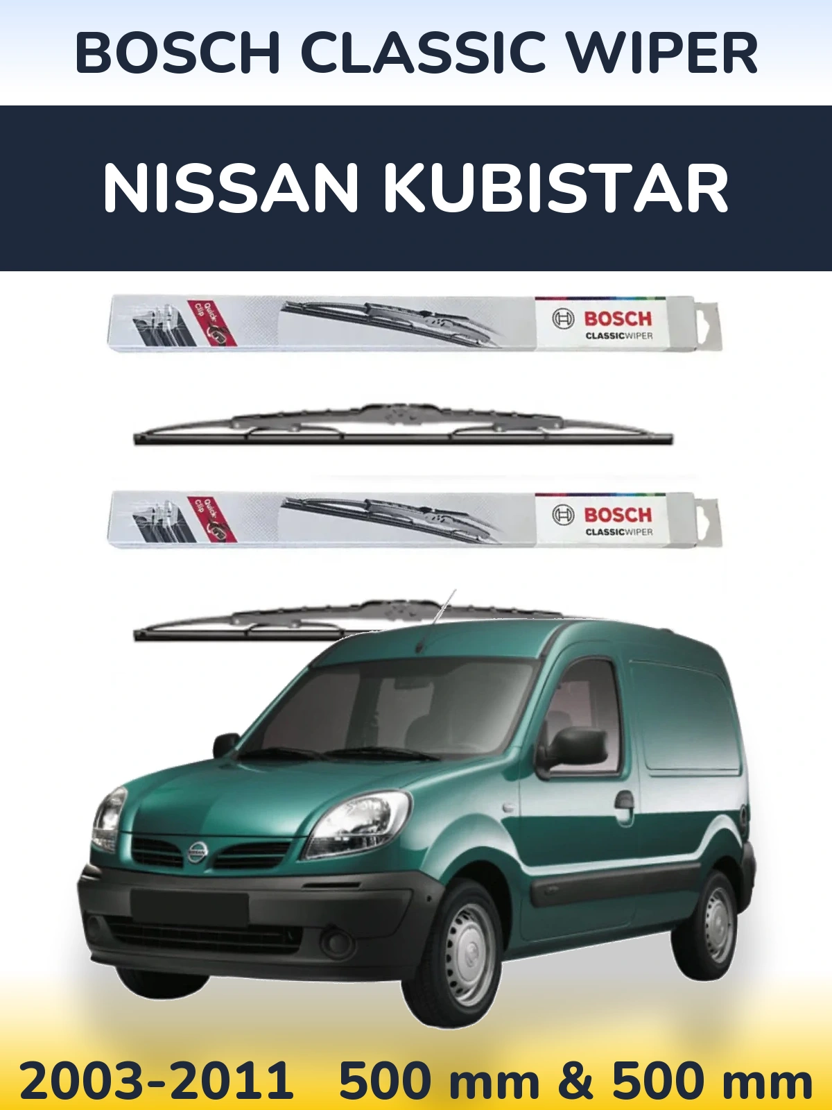 Front wiper blade set BOSCH Classic Wiper 500 & 500 mm for Nissan Kubistar 2003-2011