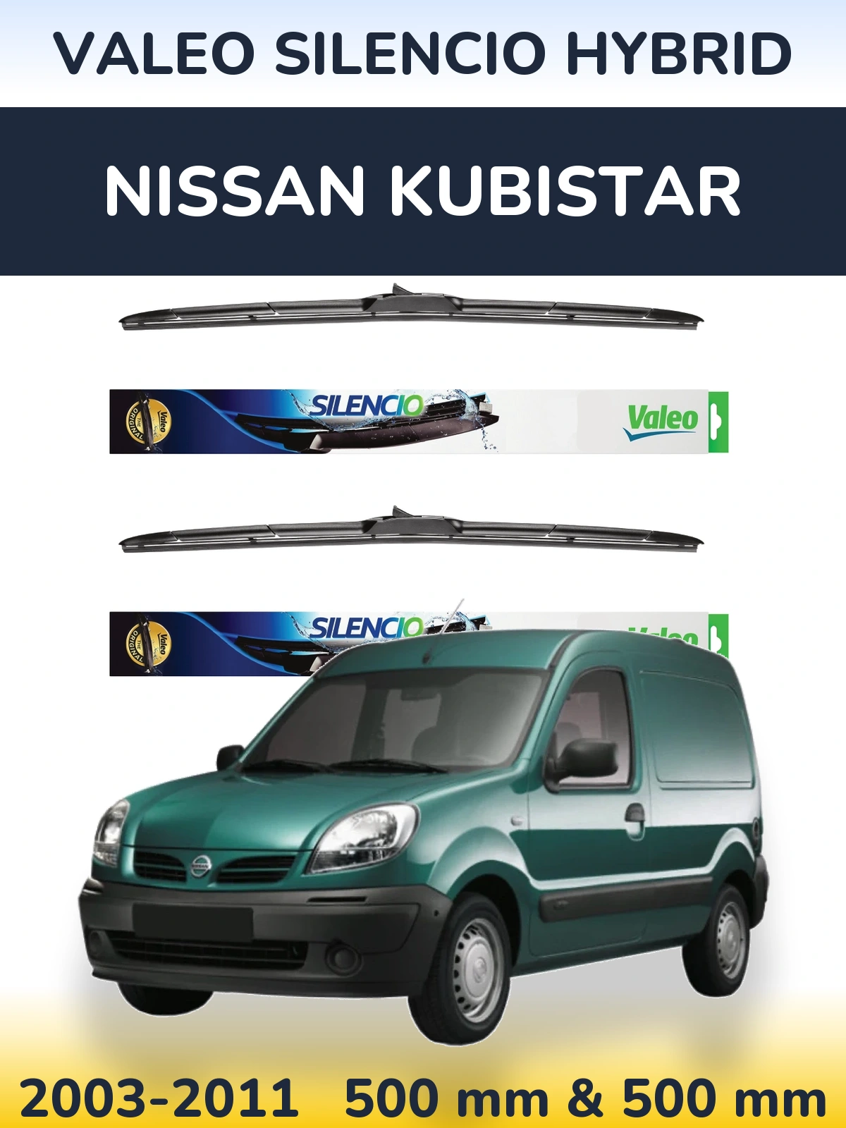 Front wiper blade set Valeo Silencio Hybrid 500 & 500 mm for Nissan Kubistar 2003-2011