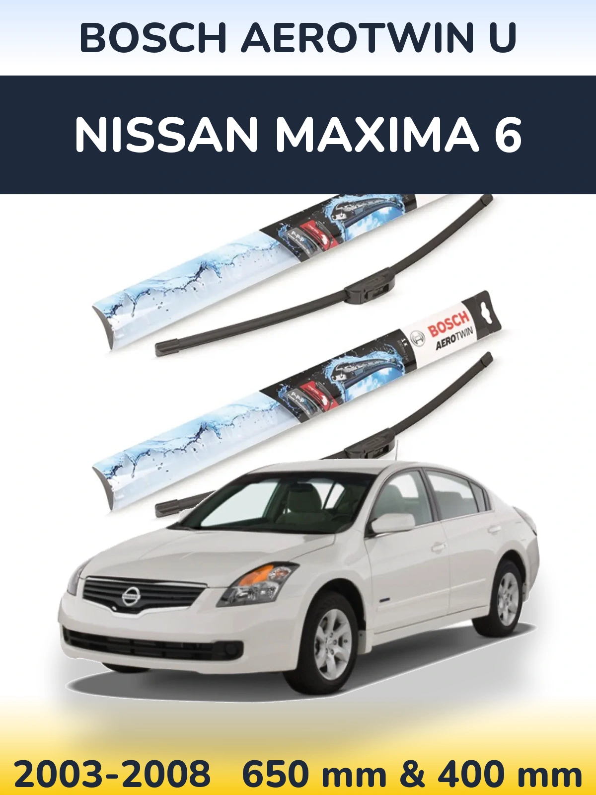 Front wiper blade set BOSCH AeroTwin U 650 & 400 mm for Nissan Maxima 6 2003-2008