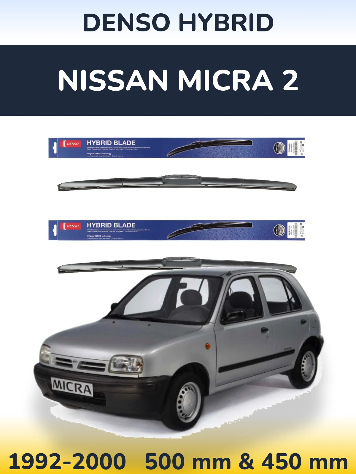 Front wiper blade set Denso Hybrid 500 & 450 mm for Nissan Micra 2 1992-2000