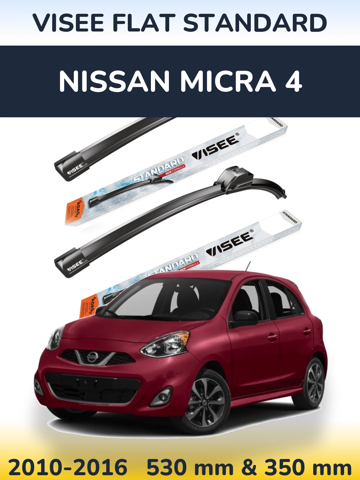 Front wiper blade set VISEE FLAT STANDARD 530 & 350 mm for Nissan Micra 4 2010-2016