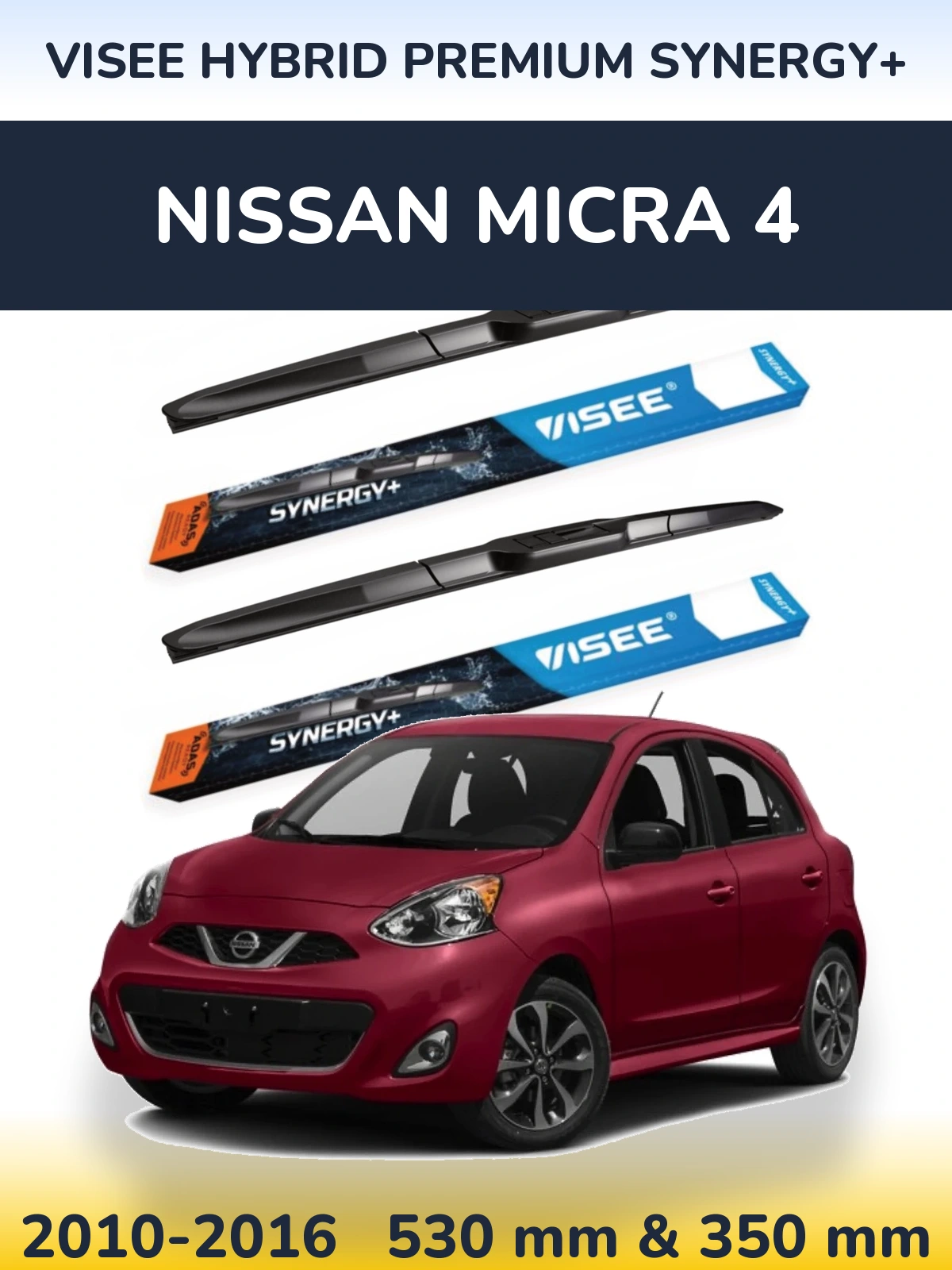 Front wiper blade set VISEE HYBRID PREMIUM SYNERGY+ 530 & 350 mm for Nissan Micra 4 2010-2016