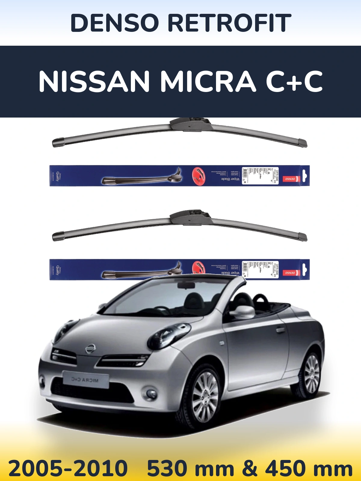 Front wiper blade set Denso Retrofit 530 & 450 mm for Nissan Micra C+C 2005-2010